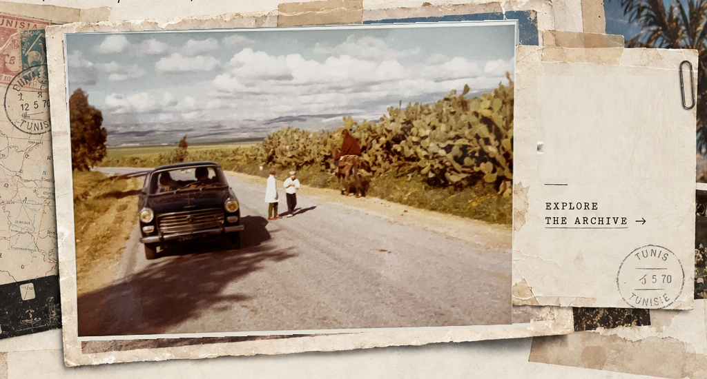 Vintage collage with an original Tunisia road photograph and archive note.